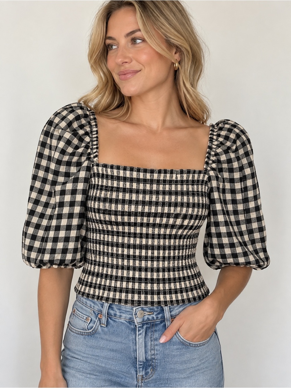 BB Dakota by Steve Madden Black & White Gingham Smocked Puff Sleeve Crop Top